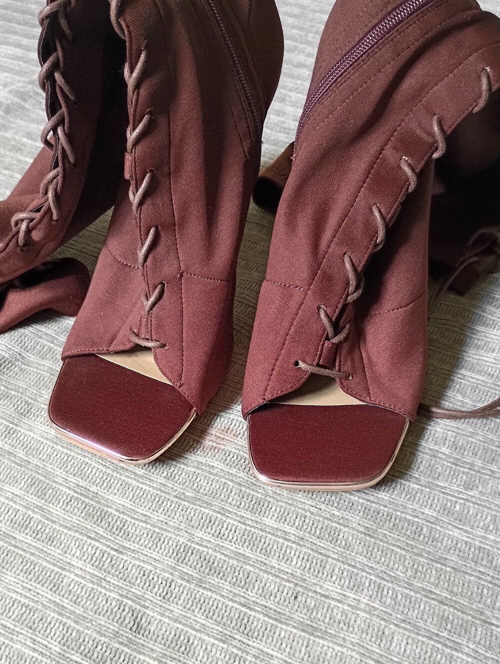 Fashion Nova Embers Brown Lace Up Peep Toe Stiletto Knee High Boots Size 11